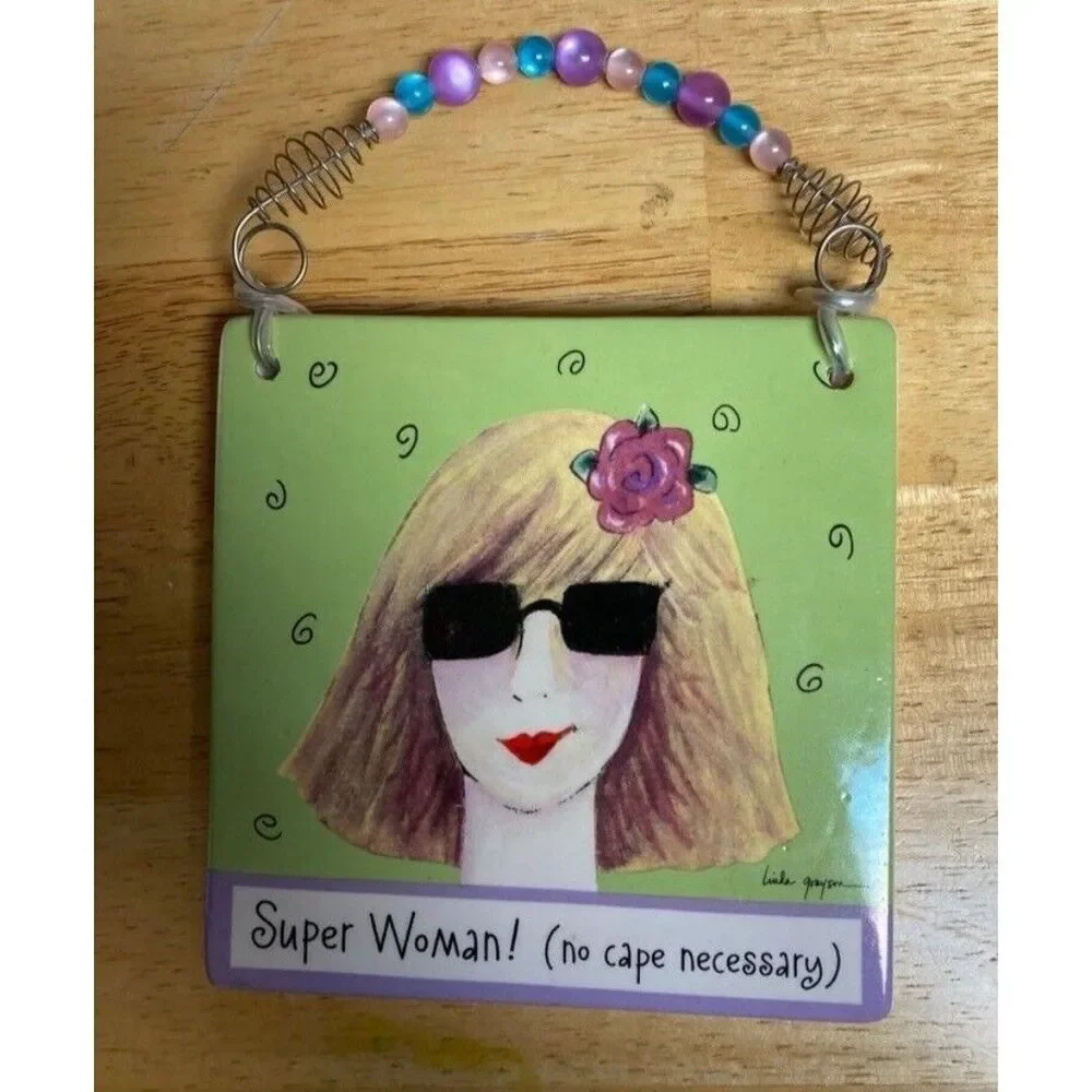 Super Woman Plaque Tile No Cape Required Beaded Handle Cute Artwork Vintage